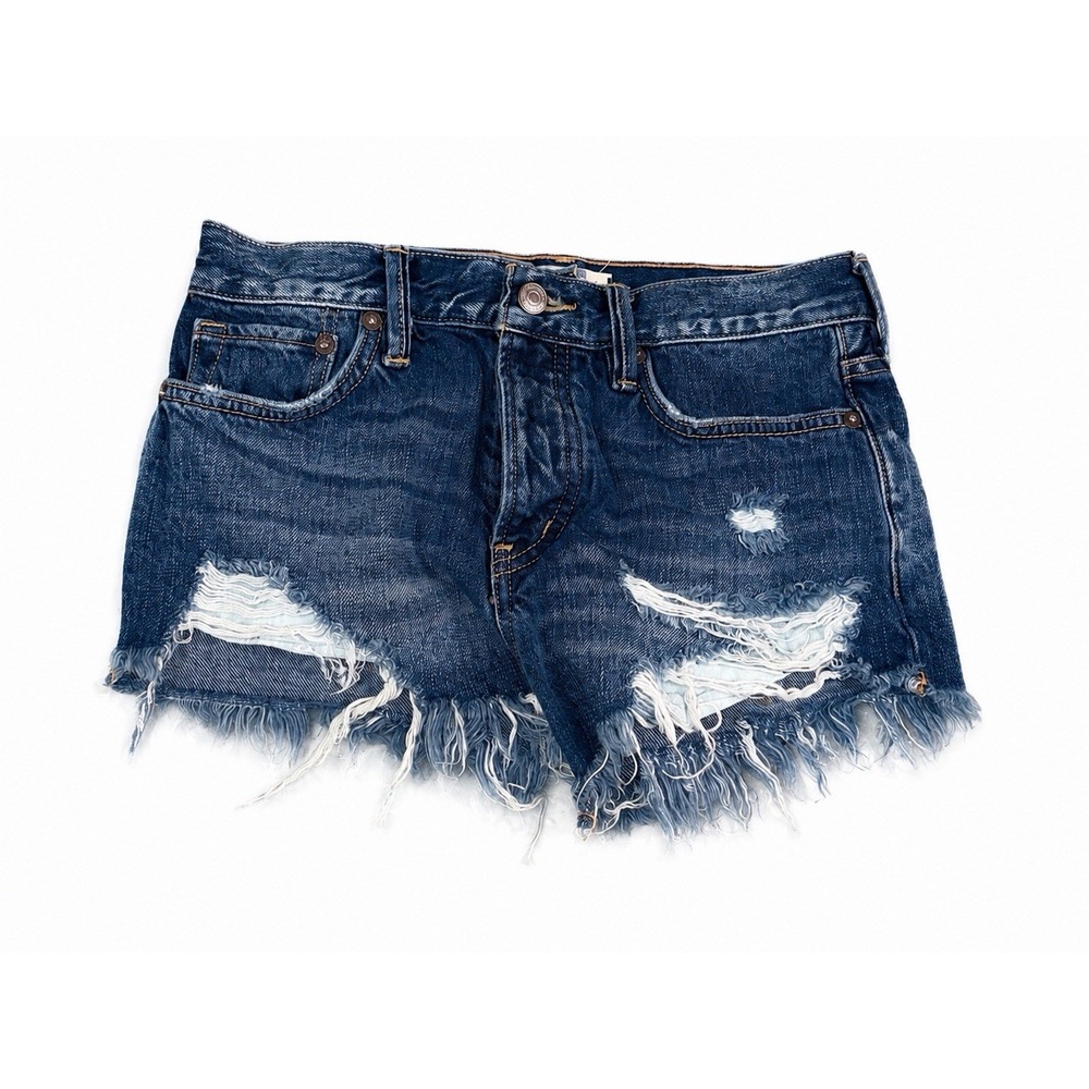 We The Free people Micro Shorts Womens 25 Blue Cut Off Fringe Button Fly